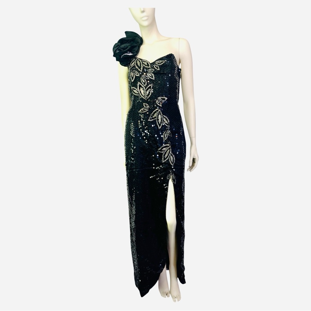 Vintage 80s Black & Silver Sequin Beaded Floral Appliqué‎ Dress with Big Ruffles